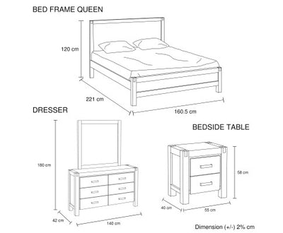 4 Pieces Bedroom Suite in Solid Wood Veneered Acacia Construction Timber Slat Queen Size Oak Colour Bed, Bedside Table & Dresser