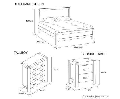 4 Pieces Bedroom Suite in Solid Wood Veneered Acacia Construction Timber Slat Queen Size Oak Colour Bed, Bedside Table & Tallboy