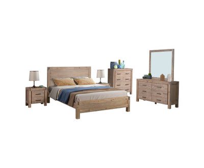 5 Pieces Bedroom Suite in Solid Wood Veneered Acacia Construction Timber Slat Queen Size Oak Colour Bed, Bedside Table , Tallboy & Dresser