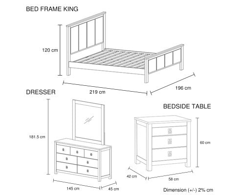 4 Pieces Bedroom Suite with Solid Acacia Wood Veneered Construction in King Size White Ash Colour Bed, Bedside Table & Dresser