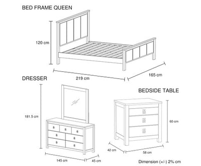 4 Pieces Bedroom Suite with Solid Acacia Wood Veneered Construction in Queen Size White Ash Colour Bed, Bedside Table & Dresser