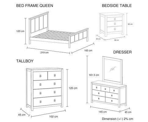 5 Pieces Bedroom Suite with Solid Acacia Wood Veneered Construction in Queen Size White Ash Colour Bed, Bedside Table , Tallboy & Dresser