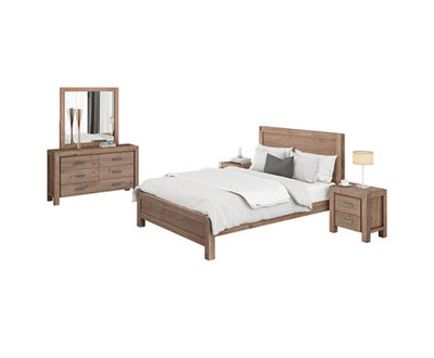 4 Pieces Bedroom Suite in Solid Wood Veneered Acacia Construction Timber Slat Double Size Oak Colour Bed, Bedside Table & Dresser