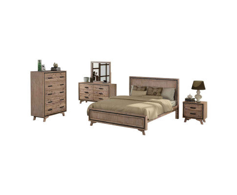 4 Pieces Bedroom Suite King Size Silver Brush in Acacia Wood Construction Bed, Bedside Table & Tallboy