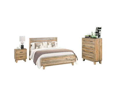4 Pieces Bedroom Suite Queen Size in Solid Wood Antique Design Light Brown Bed, Bedside Table & Tallboy