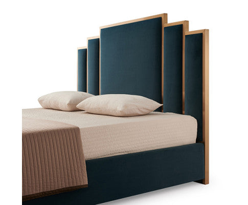 Austin Bed Frame Polyester Turquoise Fabric Padded Upholstery High Quality Slats Polished Stainless Steel Feet