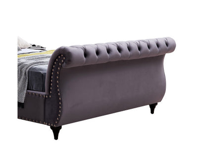 Queen Size Sleigh Bedframe Velvet Upholstery Grey Colour Tufted Headboard And Footboard Deep Quilting