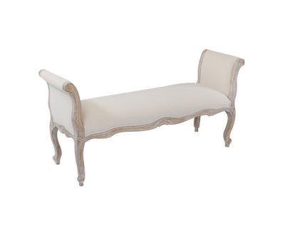 Oak Wood Linen Fabric Beige White Washed Finish Bench Chair