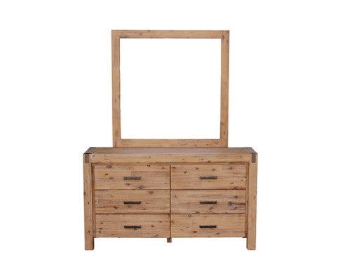 Dresser with 6 Storage Drawers in Solid Acacia & Veneer With Mirror in Oak Colour