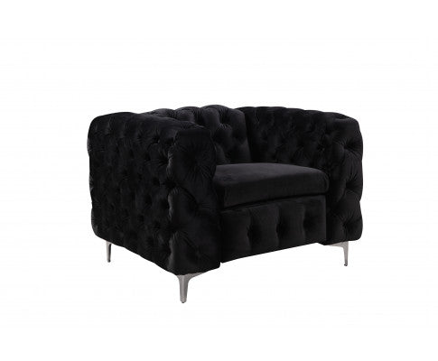 Single Seater Black Sofa Classic Armchair Button Tufted in Velvet Fabric with Metal Legs