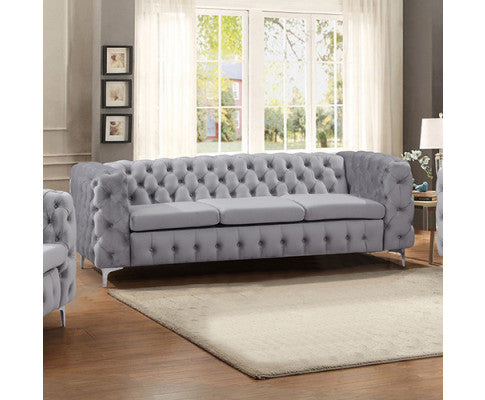 3 Seater Sofa Classic Button Tufted Lounge in Grey Velvet Fabric with Metal Legs