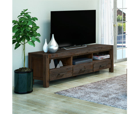TV Cabinet with 3 Storage Drawers with Shelf Solid Acacia Wooden Frame Entertainment Unit in Chocolate Colour