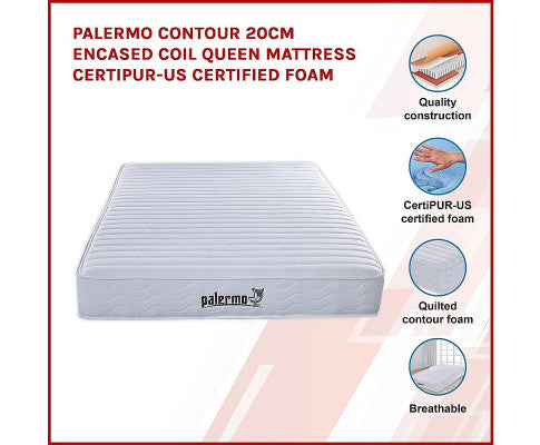 Palermo Contour 20cm Encased Coil Queen Mattress CertiPUR-US Certified Foam
