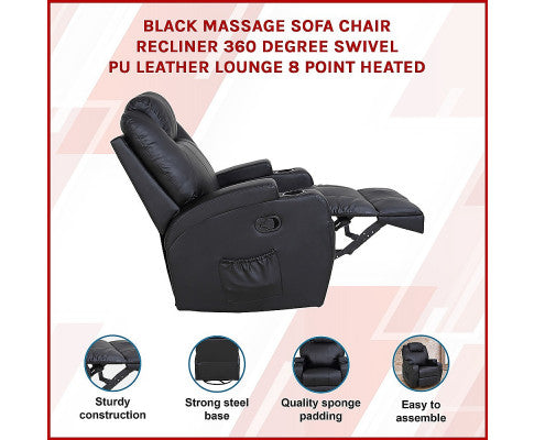 Black Massage Sofa Chair Recliner 360 Degree Swivel PU Leather Lounge 8 Point Heated