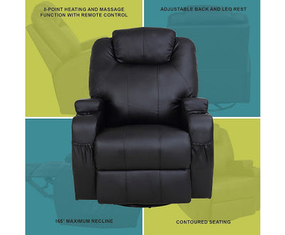 Black Massage Sofa Chair Recliner 360 Degree Swivel PU Leather Lounge 8 Point Heated