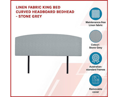 Linen Fabric King Bed Curved Headboard Bedhead - Stone Grey
