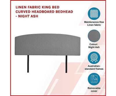 Linen Fabric King Bed Curved Headboard Bedhead - Night Ash