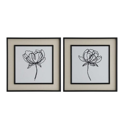 Sketched Flowers In Black Frame With Linen Insert Set 2