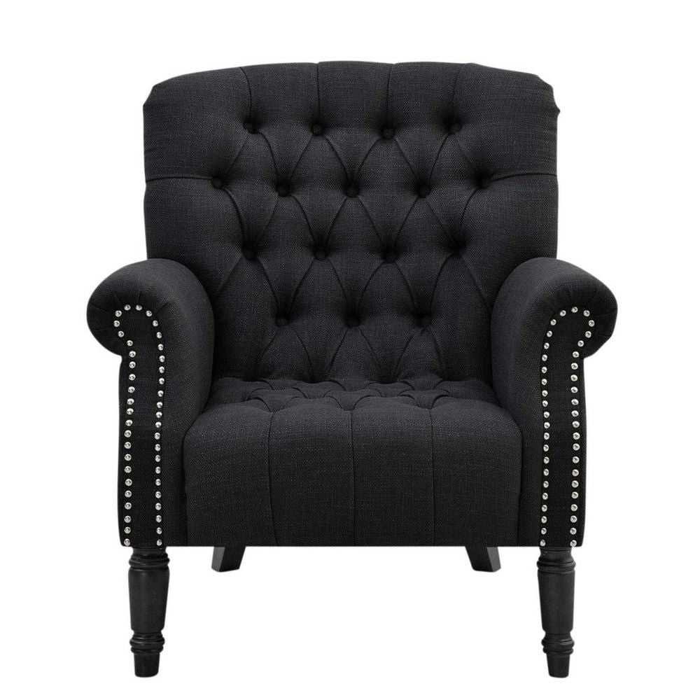 Maurice Charcoal Buttoned Armchair W/ Studs
