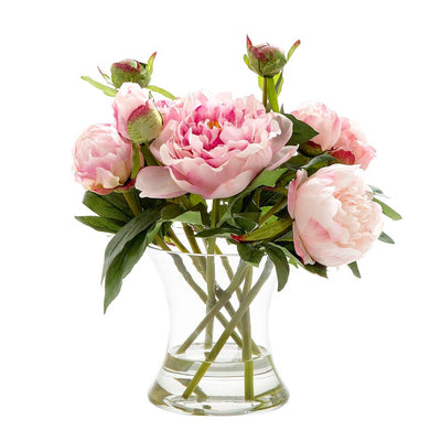 Artificial Peony in Water in Glass Vase Dk Pink