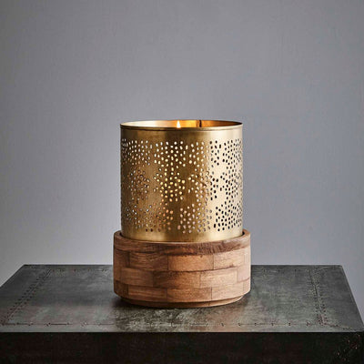 Siena Small - Antique Brass - Perforated Iron and Wood Hurricane Lamp